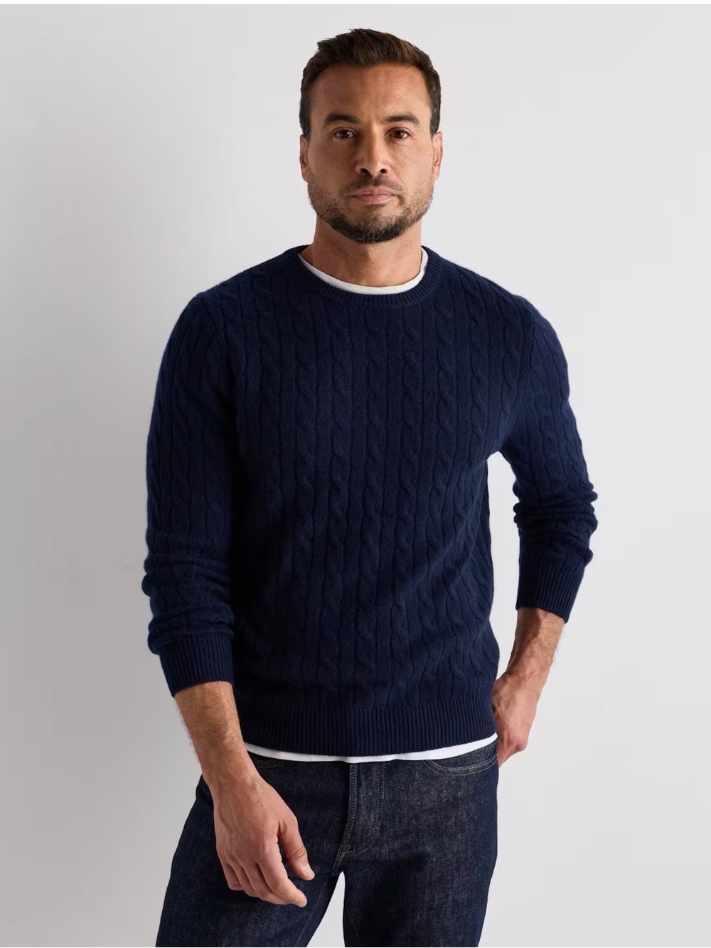 Quince Men NWT Mongolian Cashmere Classic Cable Crewneck Sweater Navy Blue M